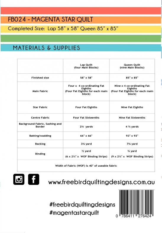 Magenta Star Quilt Pattern by Free Bird Quilting Designs